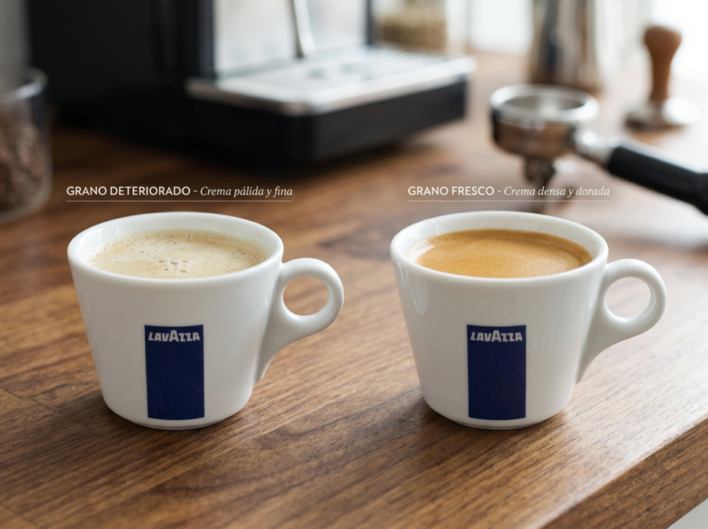 diferencia crema espresso café fresco vs café deteriorado grano abierto